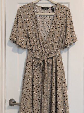 Du Jour Taupe Spotted Wrap Style Flutter Sleeve Dress